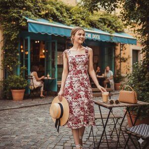 J.ing Dark Red Floral Print Tie Strap Slit Hem Midi Dress